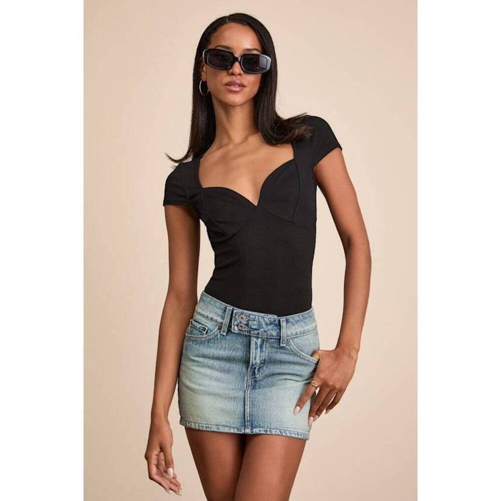 Lulus Jacqueline Black Ribbed Knit Short Sleeve Bodysuit - Size S